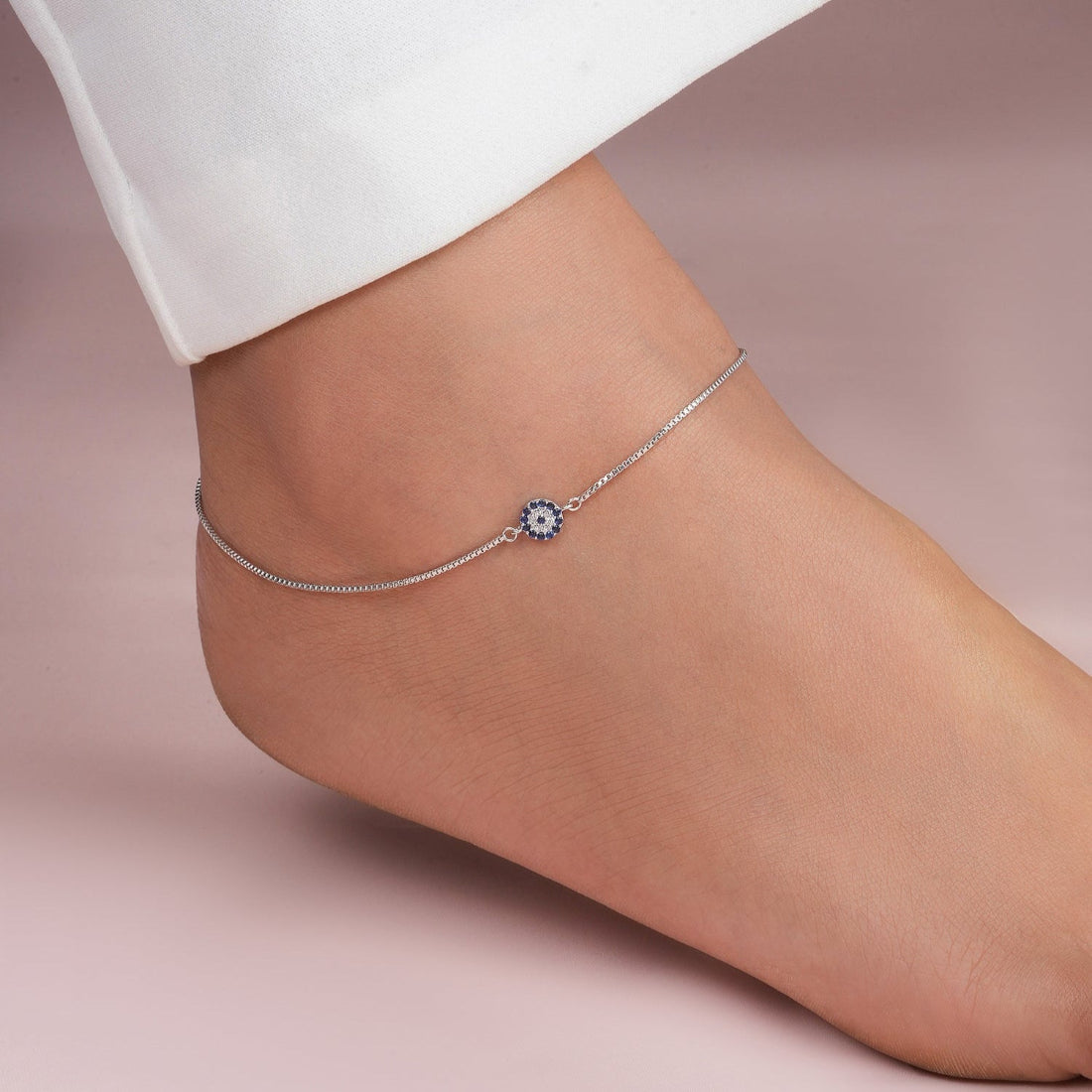 Evil Eye Charm Rhodium Plated 925 Sterling Silver Anklet