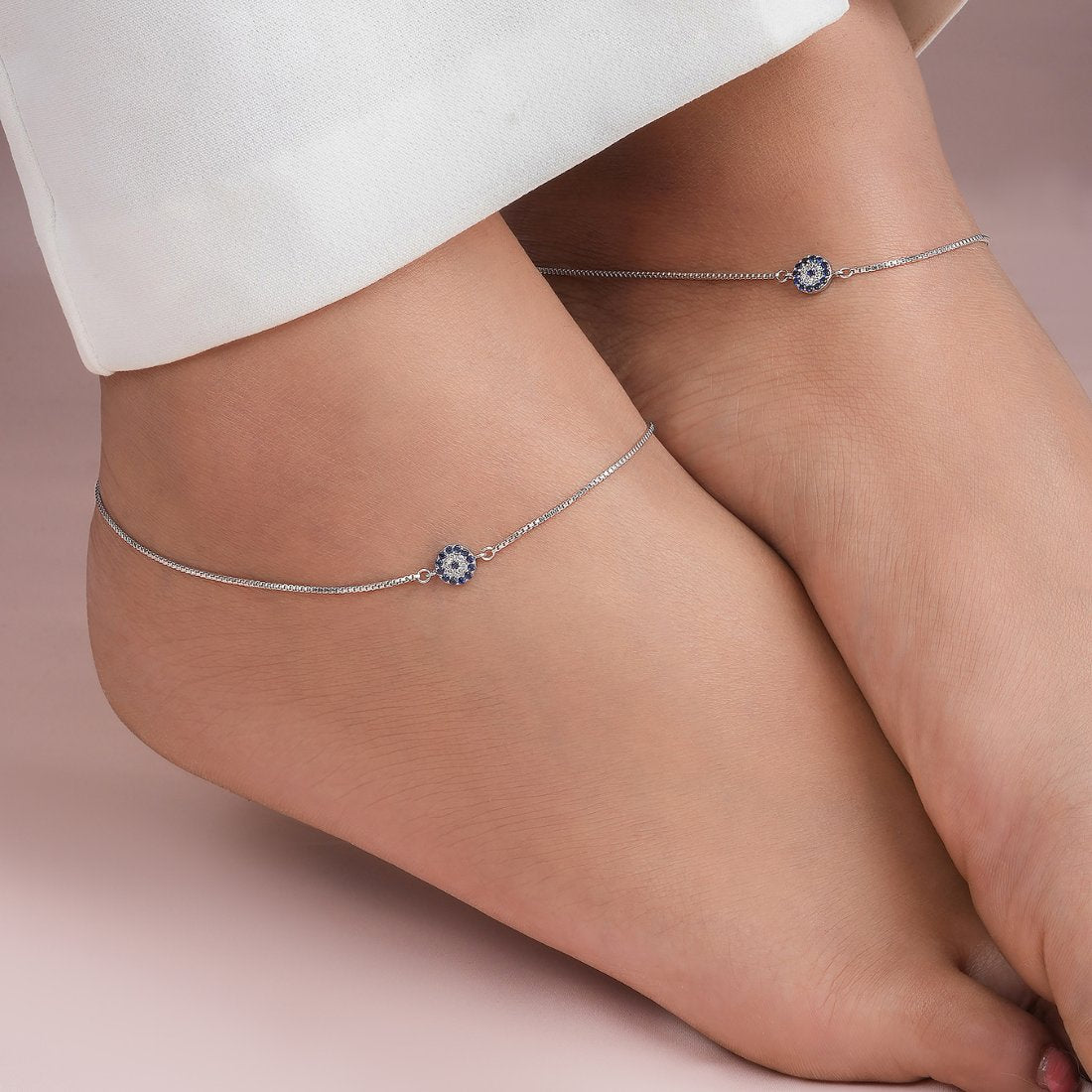 Evil Eye Charm Rhodium Plated 925 Sterling Silver Anklet