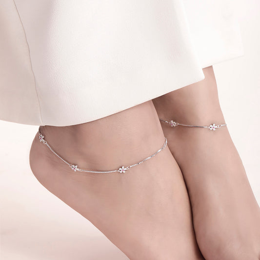 Floral Elegance Rhodium Plated 925 Sterling Silver Anklet
