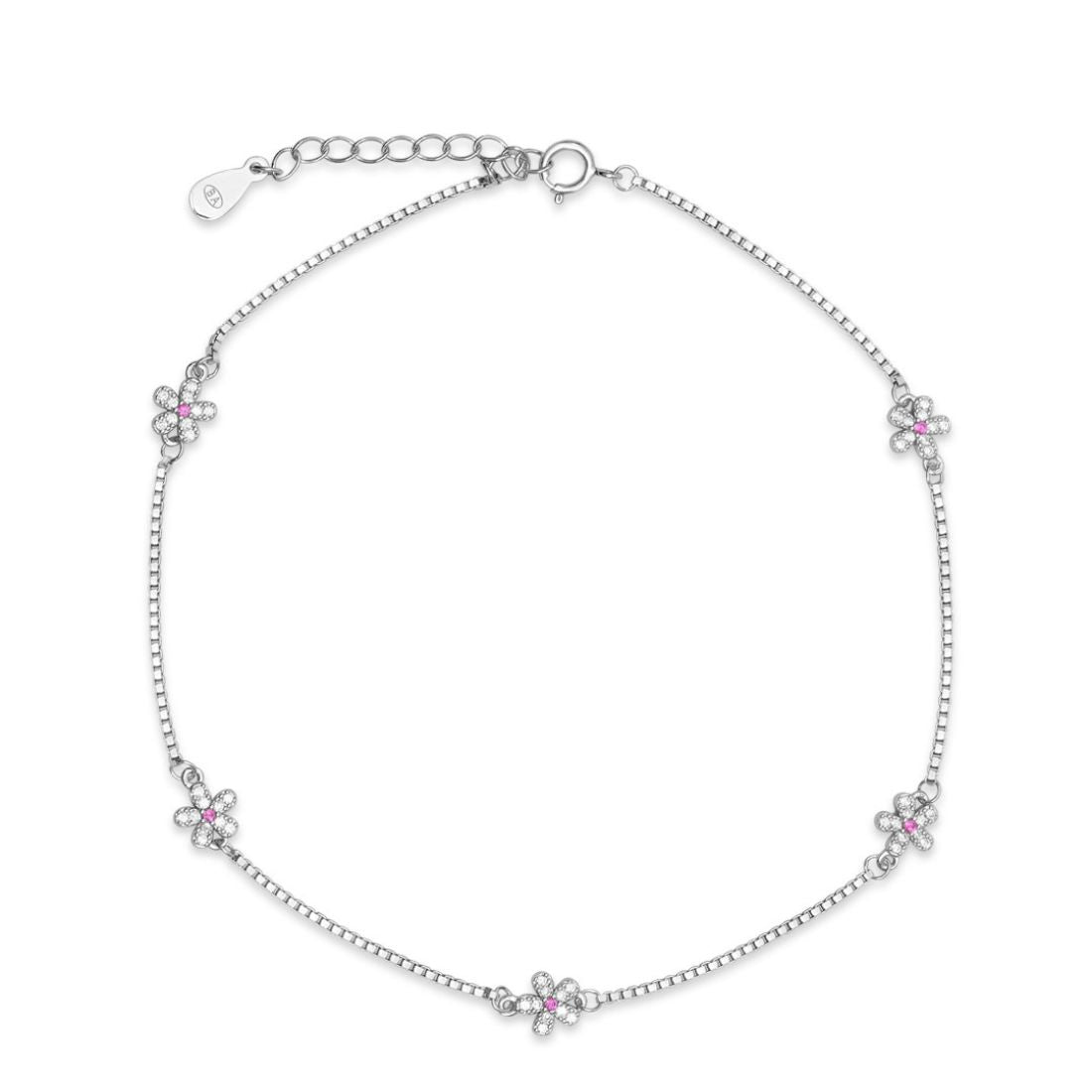 Floral Elegance Rhodium Plated 925 Sterling Silver Anklet