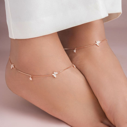 Butterfly Charms CZ Rose Gold Plated 925 Sterling Silver Anklet