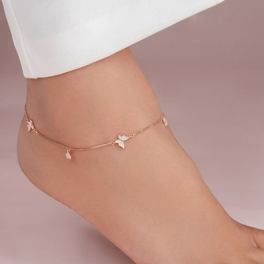 Butterfly Charms CZ Rose Gold Plated 925 Sterling Silver Anklet