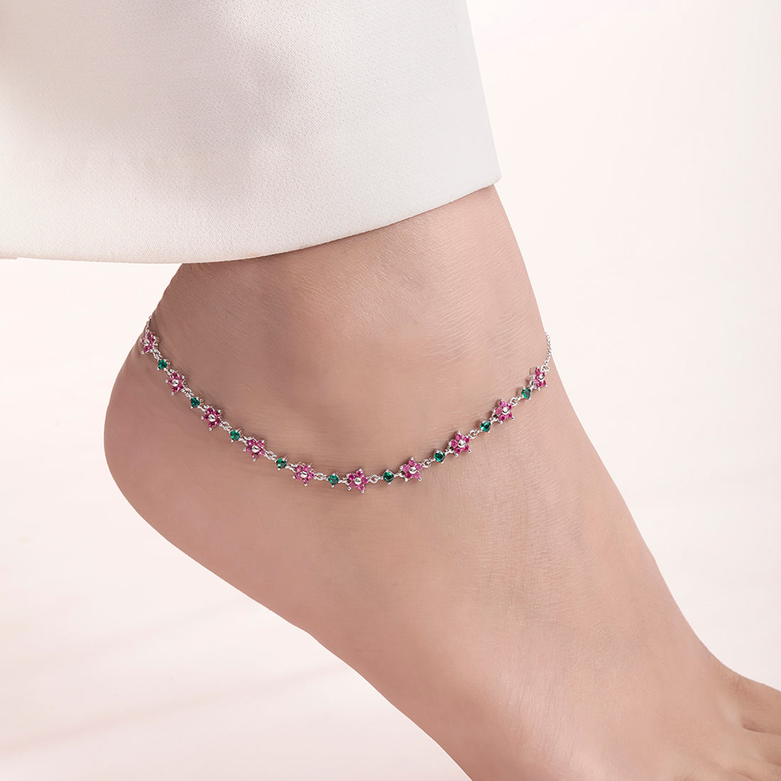 Colorful Floral Rhodium Plated 925 Sterling Silver Anklet
