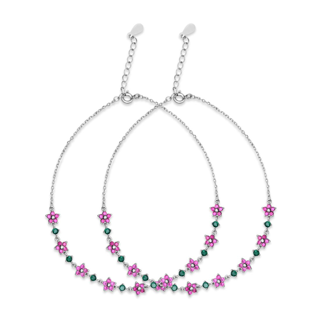 Colorful Floral Rhodium Plated 925 Sterling Silver Anklet