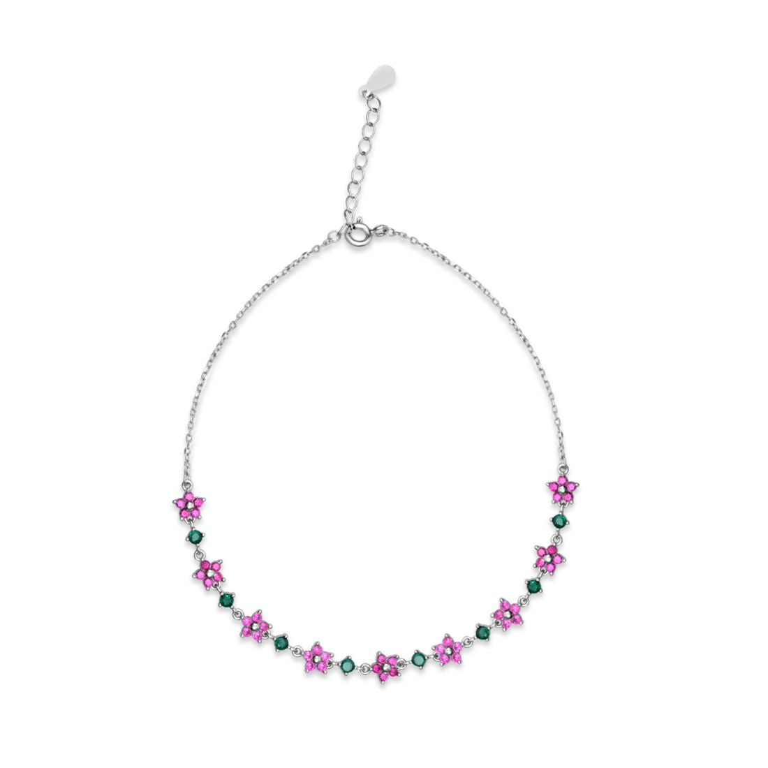 Colorful Floral Rhodium Plated 925 Sterling Silver Anklet