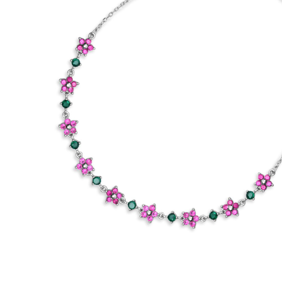 Colorful Floral Rhodium Plated 925 Sterling Silver Anklet