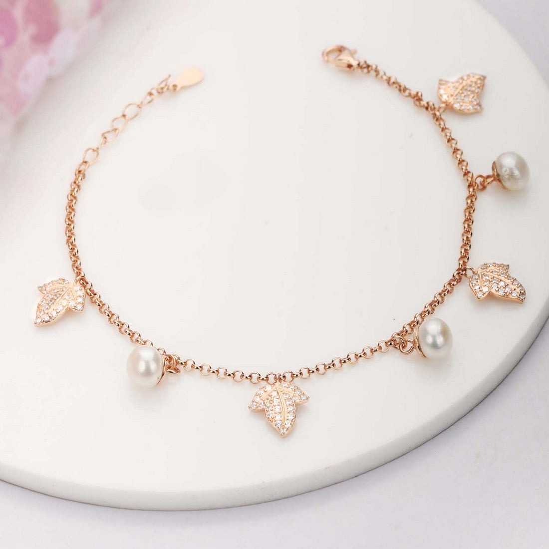Twinkling Leaves and Cute Pearls Charm 925 Silver Bracelet