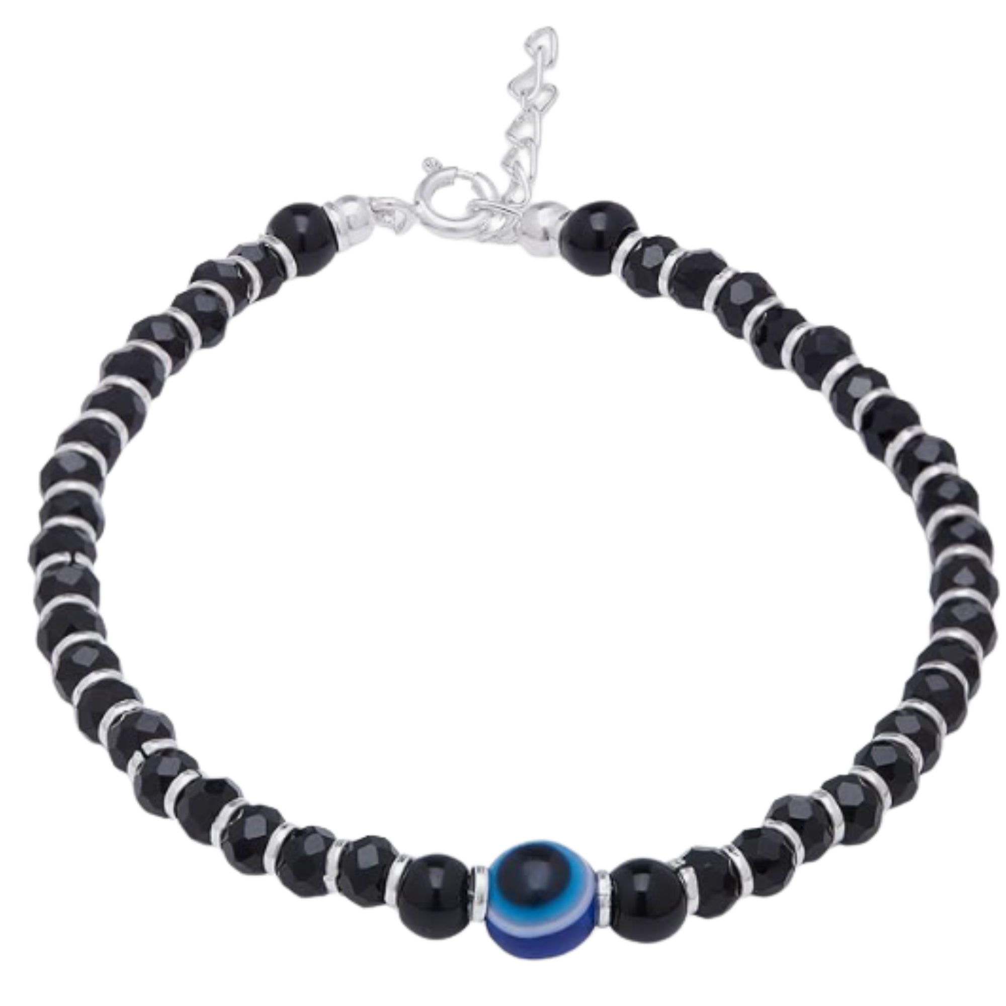 Black Beads with Evil Eye 925 Silver Bold Bracelet in Silver Chain