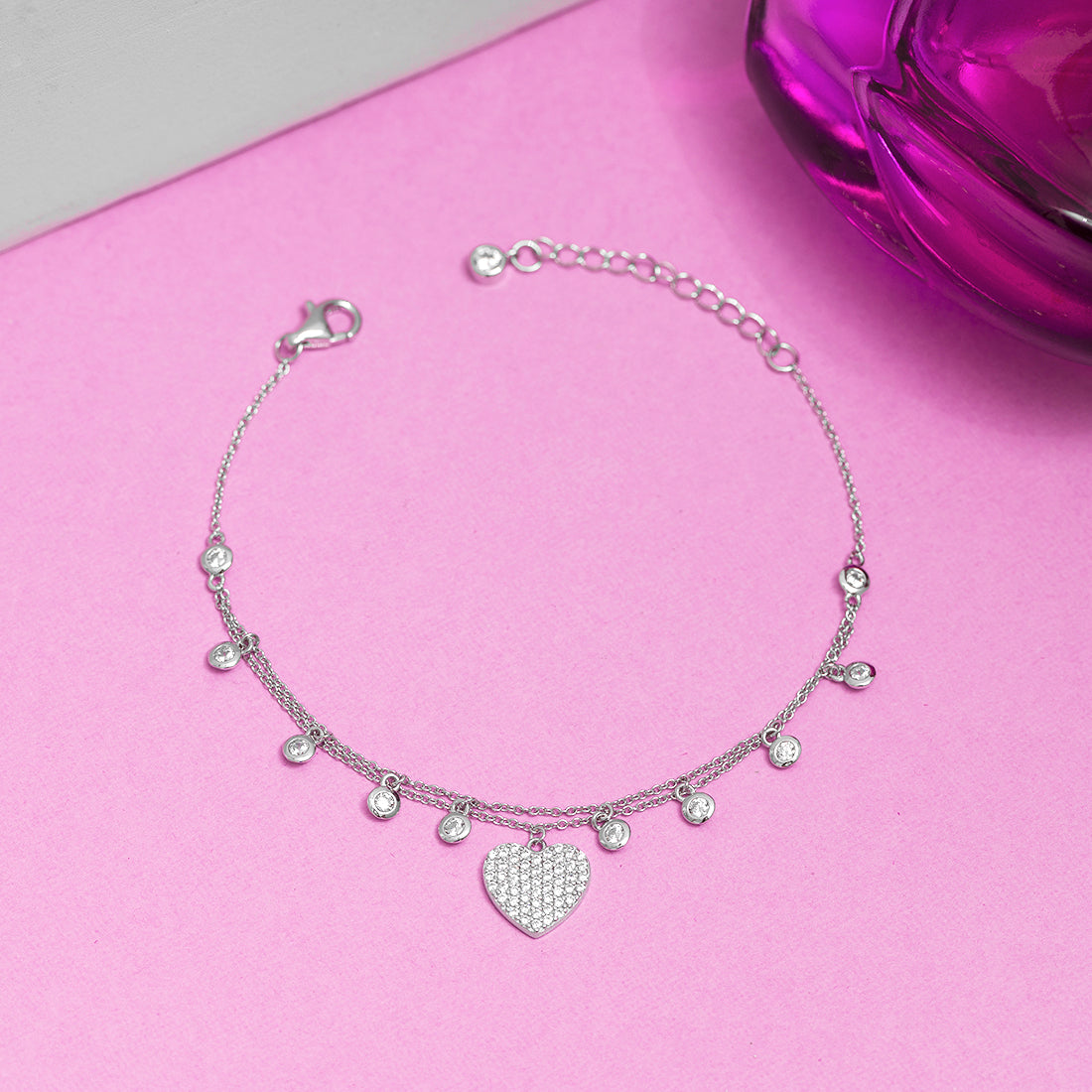 Heart Charms Cubic Zirconia 925 Silver Bracelet
