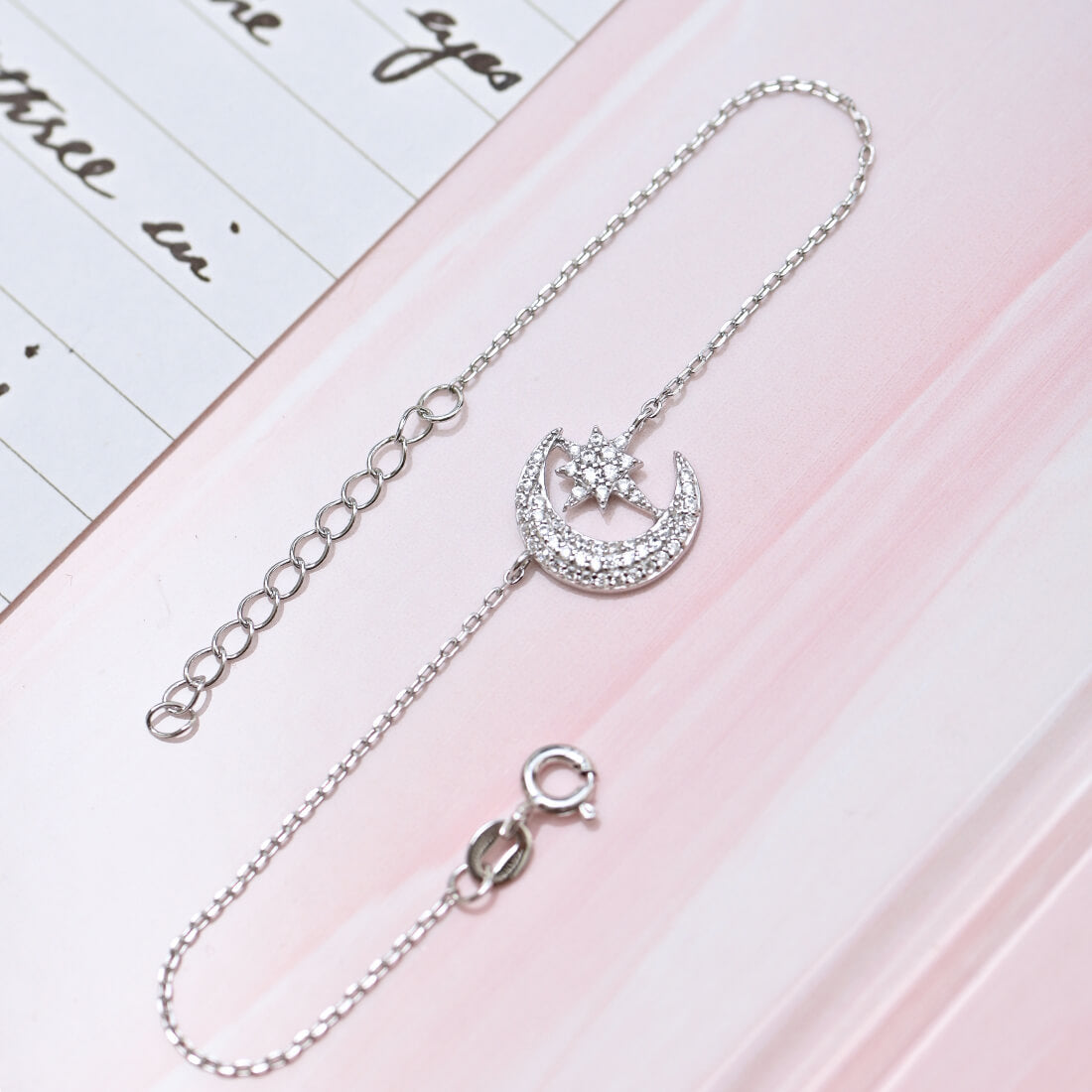 Romantic Moon and Star Cubic Zirconia 925 Silver Bracelet