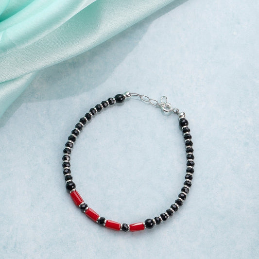 Black & Red Long Beads 925 Sterling Silver Bracelet