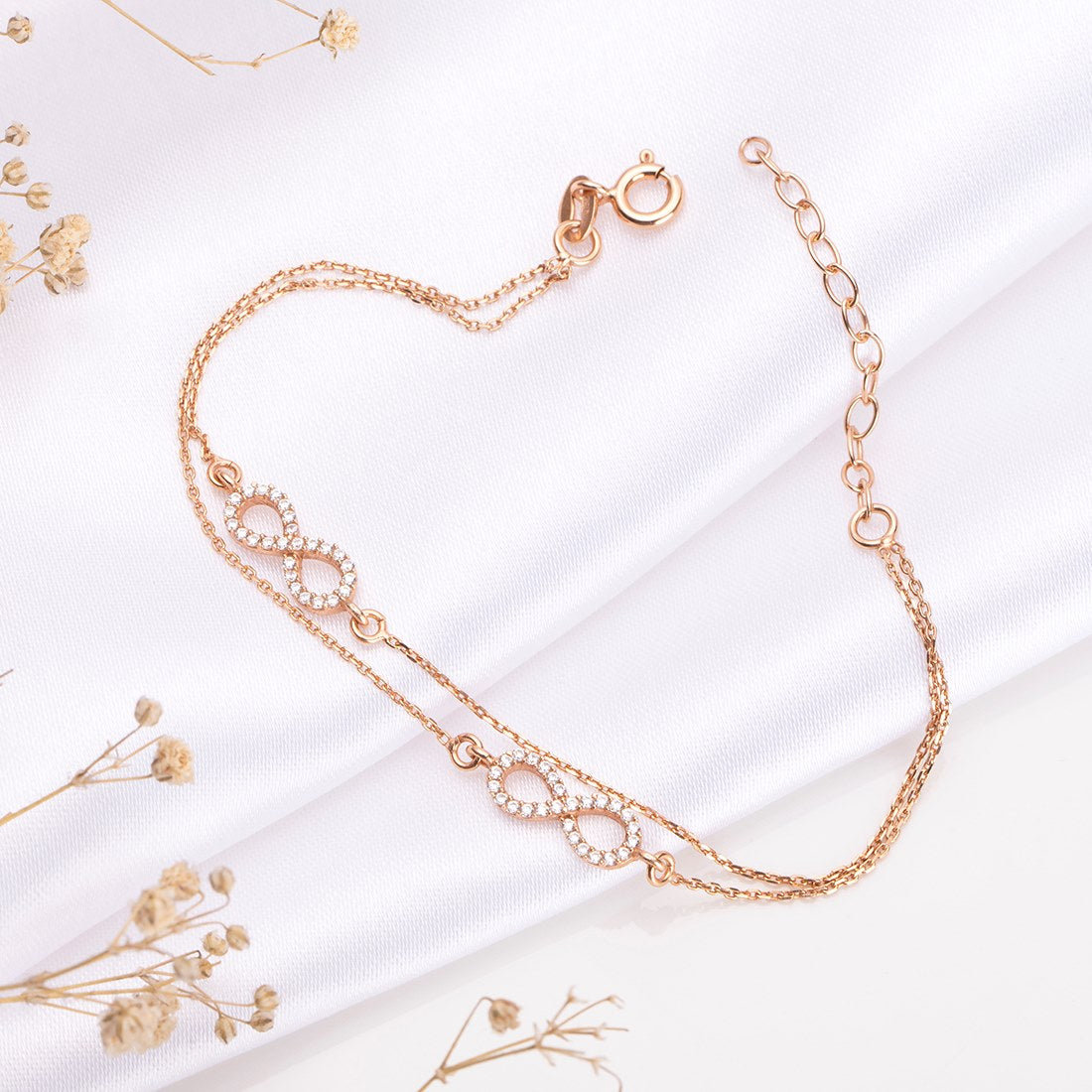 Dual Infinity CZ Link chain Rose Gold Plated 925 Sterling Silver Bracelet