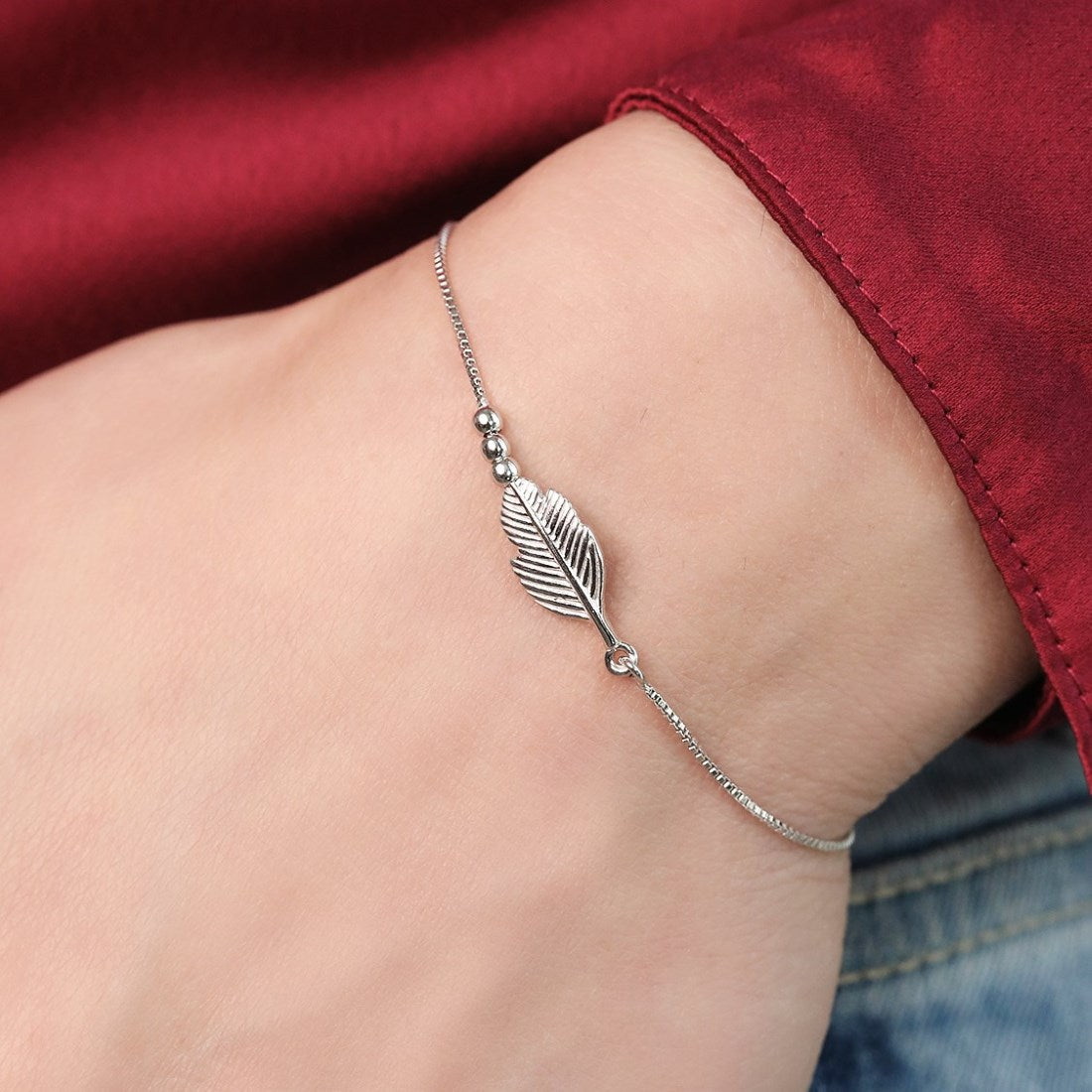 Ethereal Leaf Rhodium-Plated 925 Sterling Silver Adjustable Bracelet