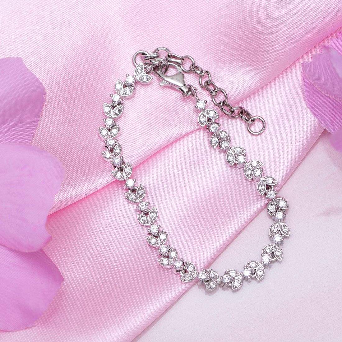 Nature's Sparkle Rhodium Plated 925 Sterling Silver Leaf Bracelet