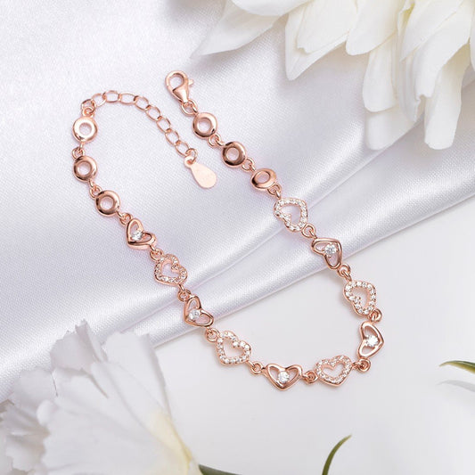 Heartfelt Affection Rose Gold Plated 925 Sterling Silver Heart Bracelet