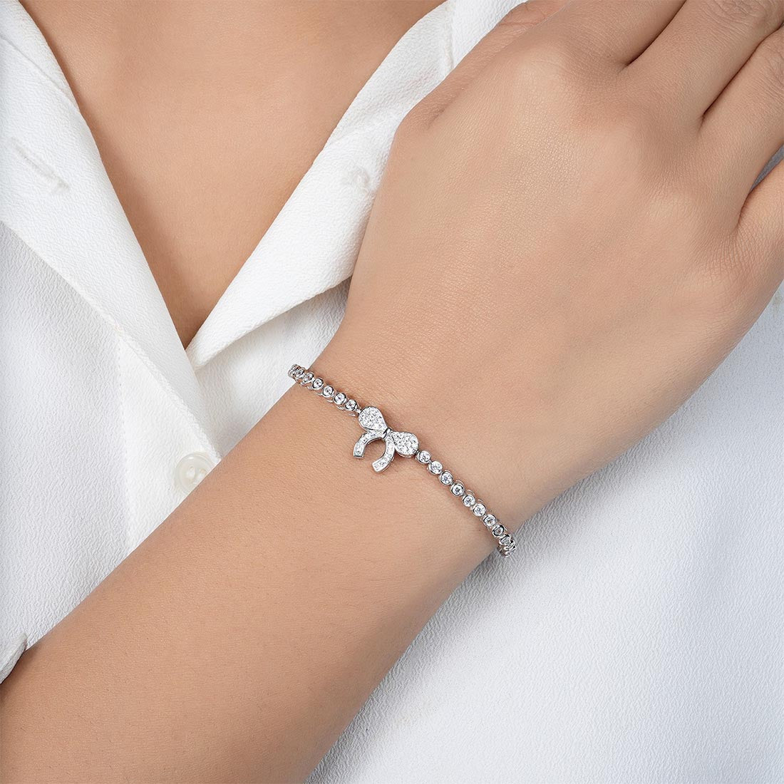 Elegant Bow Rhodium Plated 925 Sterling Silver Bracelet