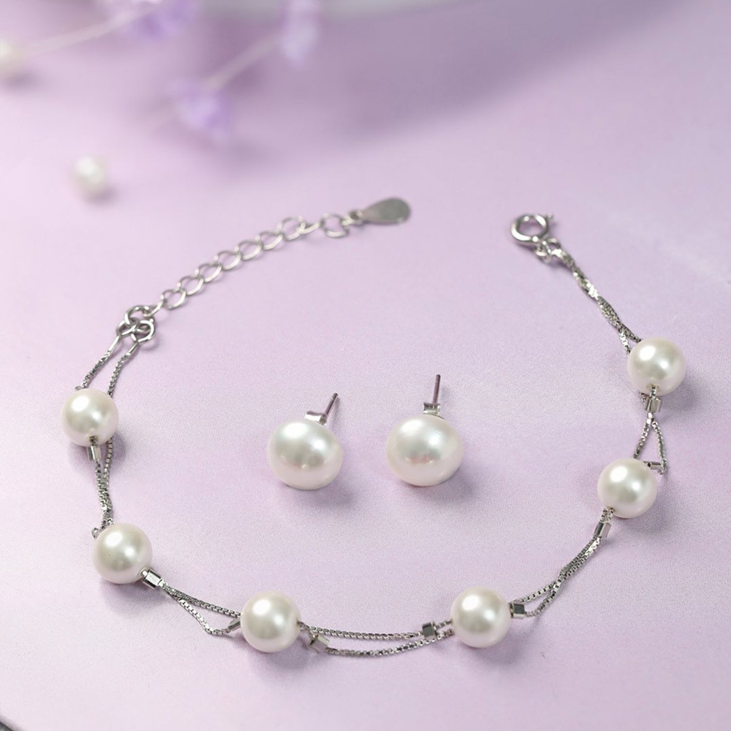 Victoria Freshwater Pearl 925 Silver Bracelet and Earrings Set