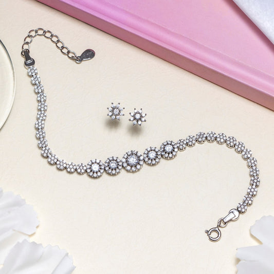 CZ Studded Rhodium Plated Bracelet & Earring Combo