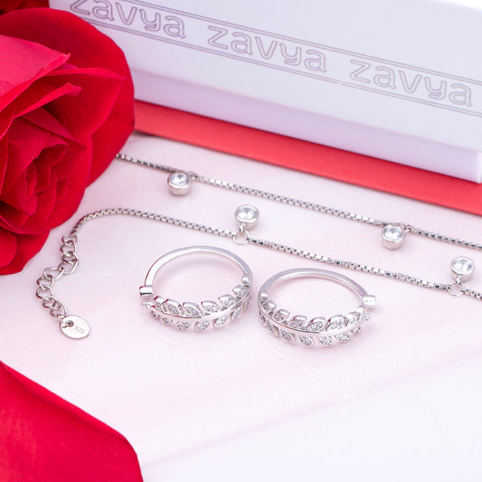 Harmony of Love - Leafy Toe Ring & Charm Drop Anklet Pair Valentine Combo