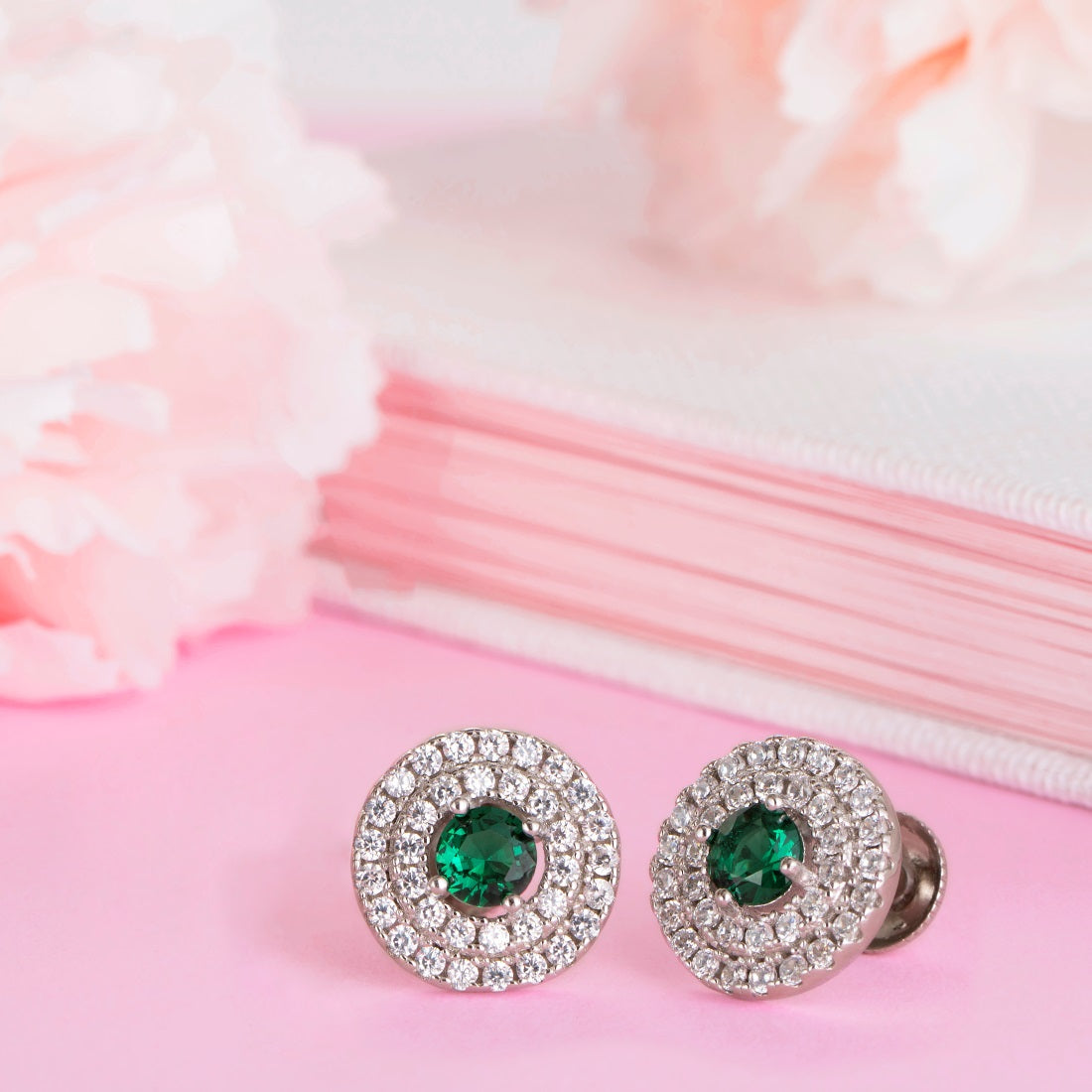 Emerald Solitaire Sparkle Rhodium-Plated CZ 925 Sterling Silver Earrings