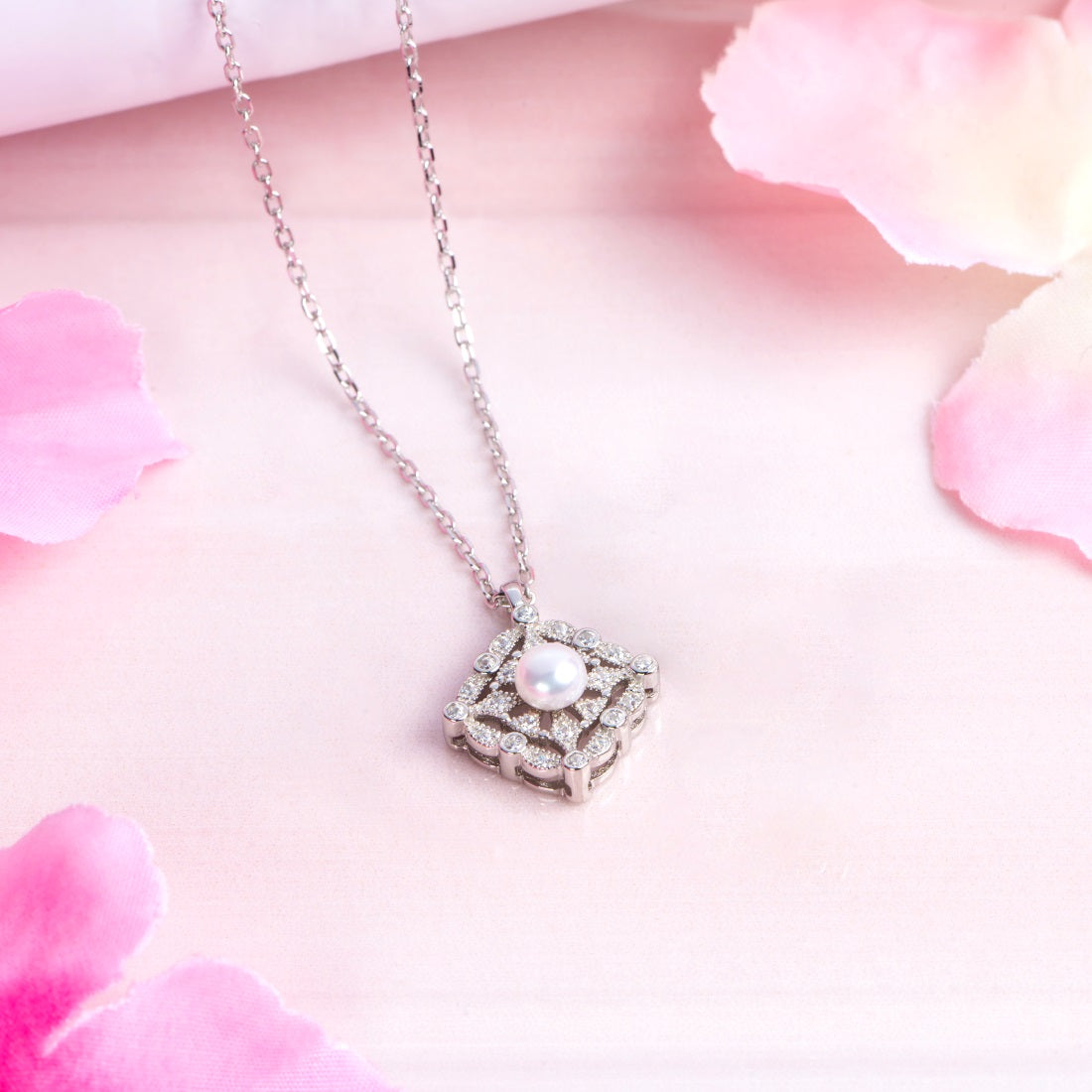 Square Elegance CZ Harmony Rhodium-Plated 925 Sterling Silver Necklace