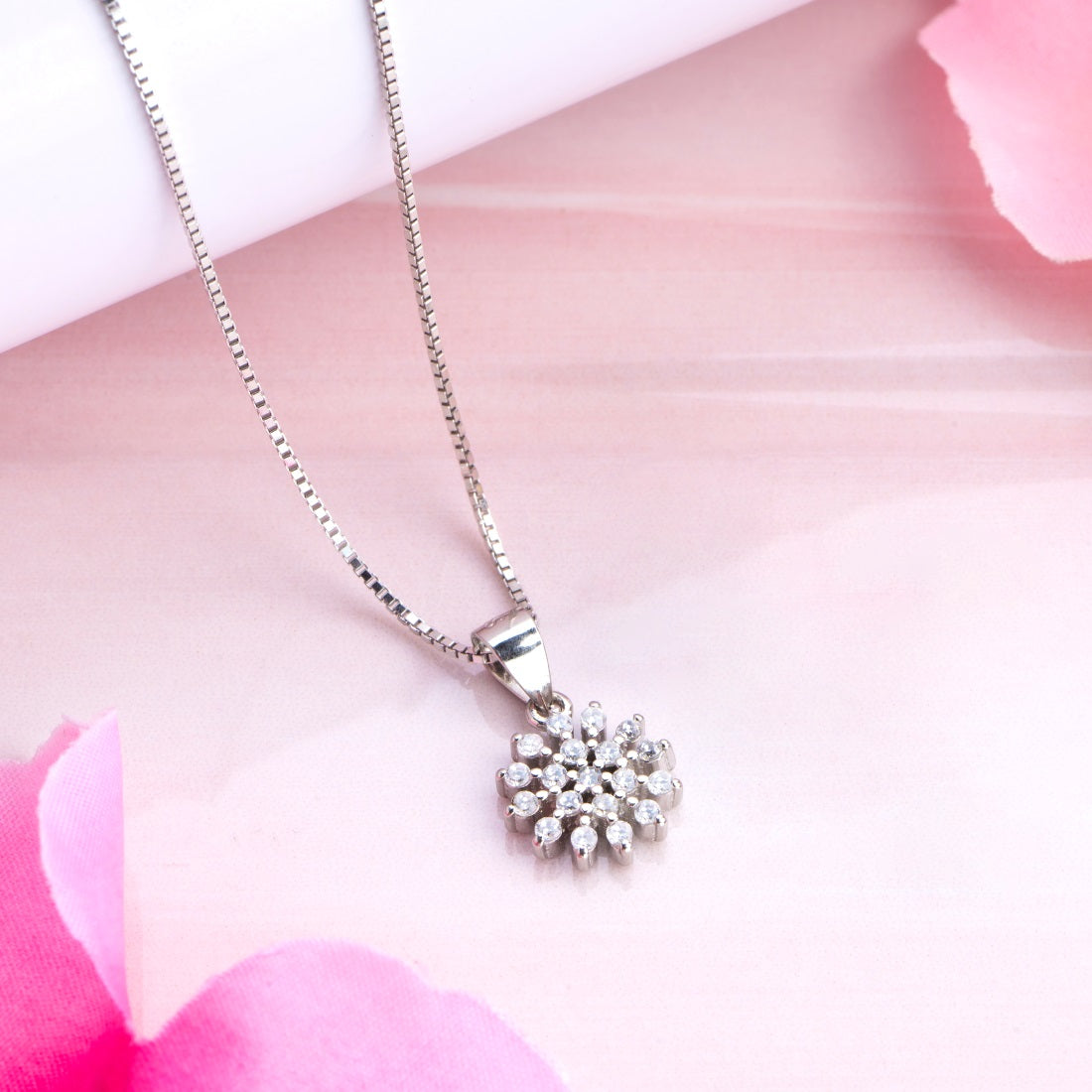 Floral CZ Radiant Elegance Rhodium-Plated 925 Sterling Silver Pendant with Chain