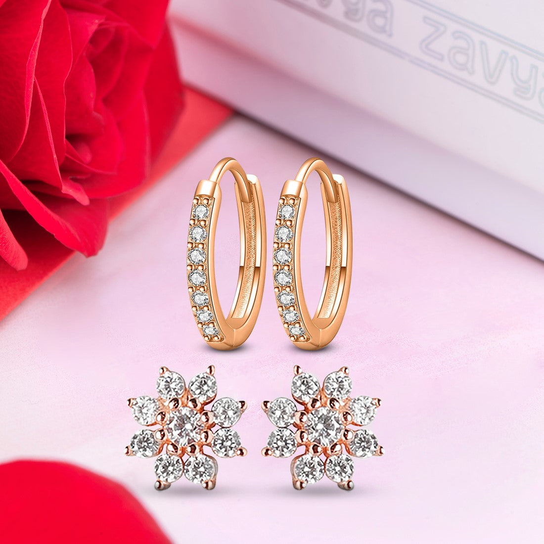 Floral Rose Gold-Plated 925 Sterling Silver Earrings Combo
