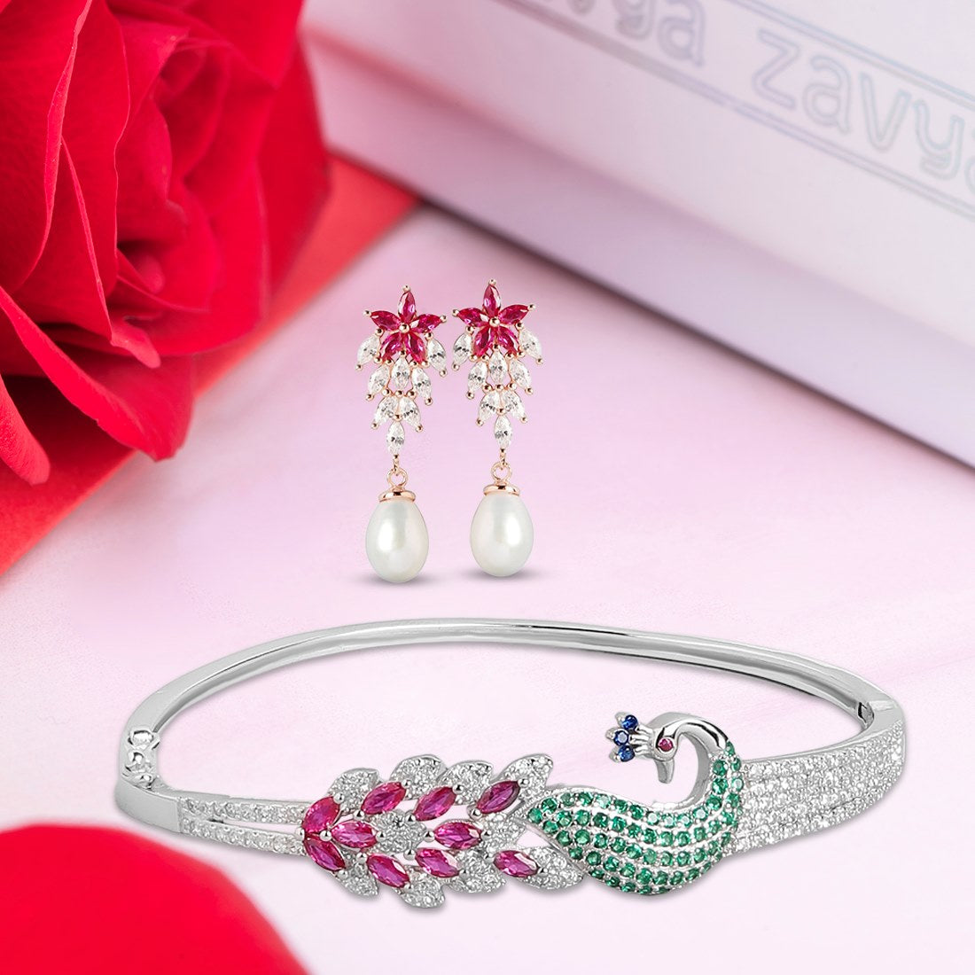 Peacock CZ & Freshwater Pearl Dual Plated 925 Sterling Silver Jewelry Set