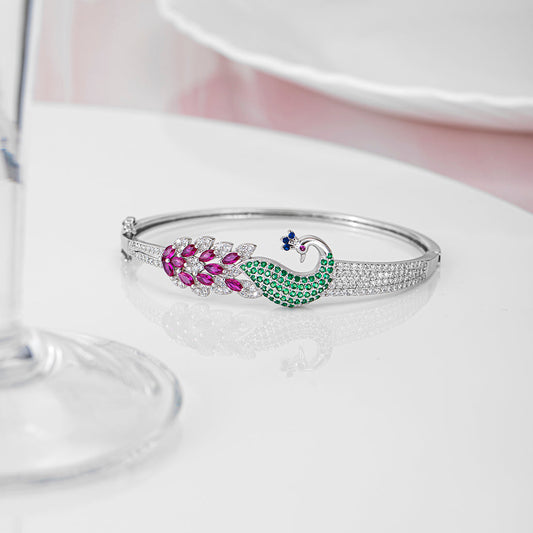 Peacock Rhodium Plated 925 Sterling Silver Cuff Bracelet