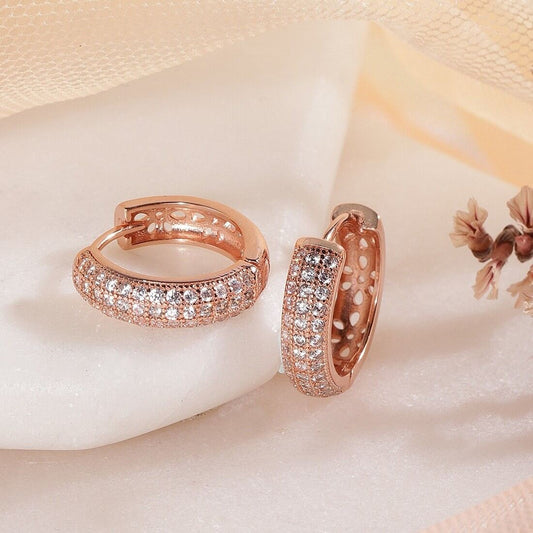 Intricate Floral Rose Gold Huggie 925 Silver Earrings