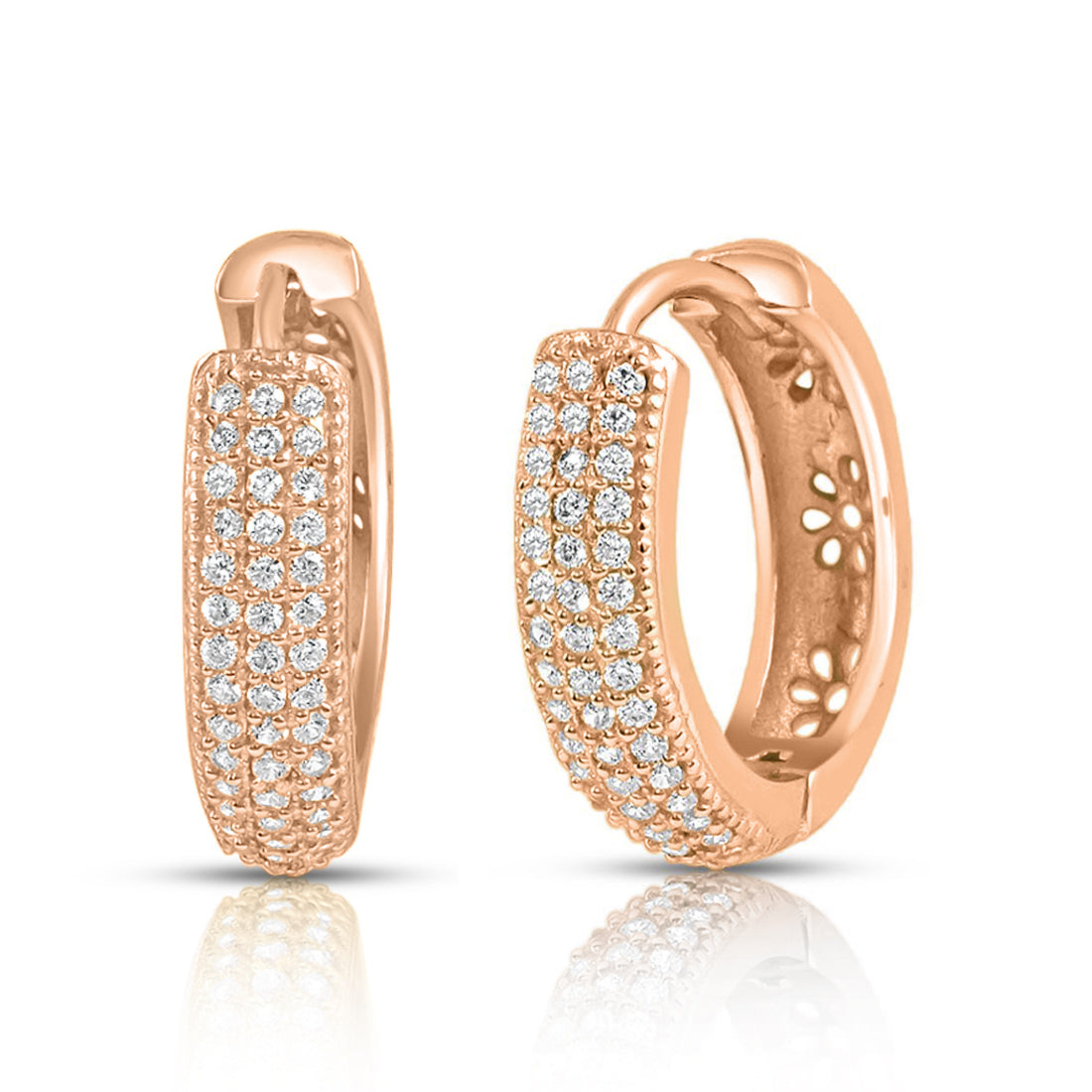 Intricate Floral Rose Gold Huggie 925 Silver Earrings