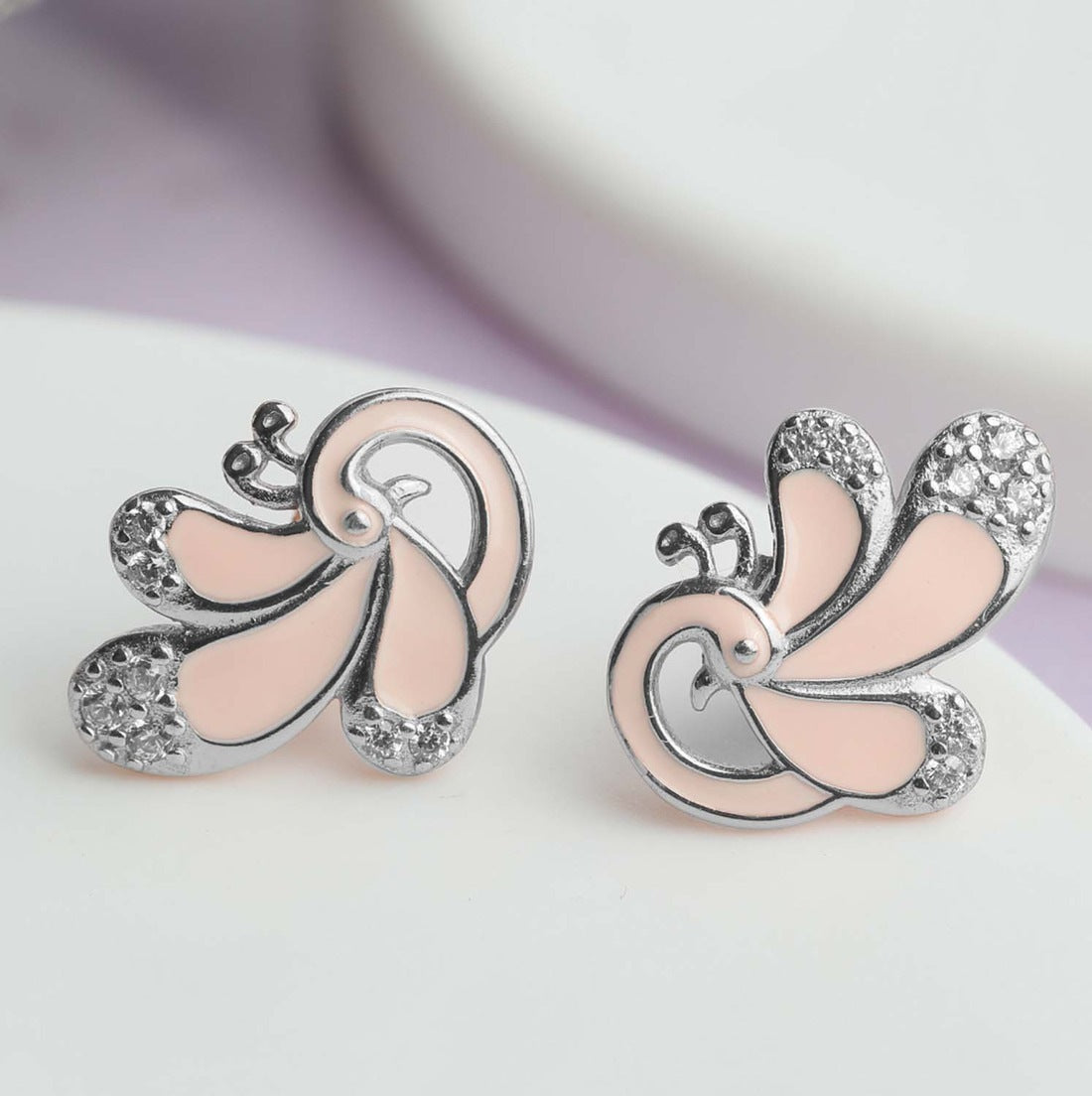 Precious Pink Peacock 925 Silver Stud Earrings