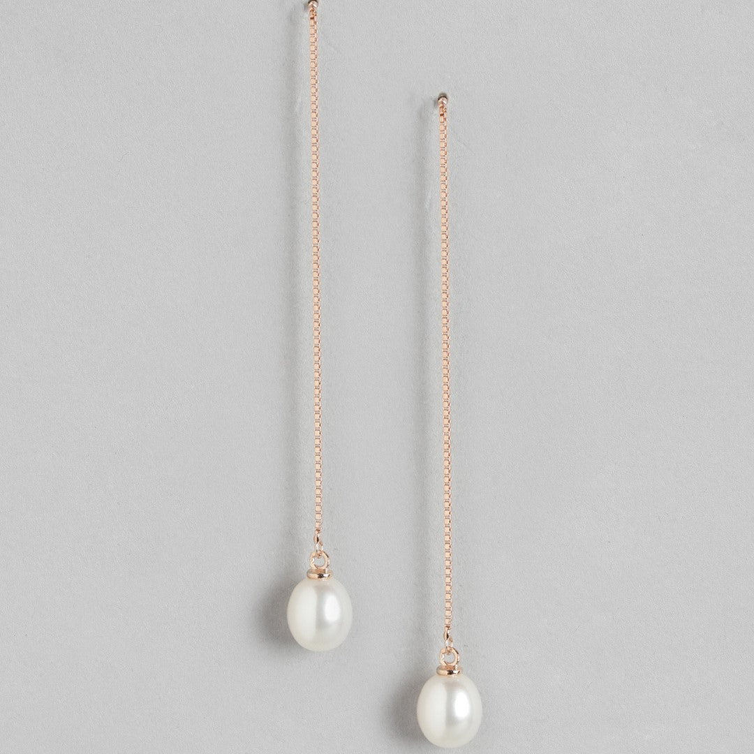 Sui Dhaga with Pearl 7mm 925 Silver Earrings in Rose Gold