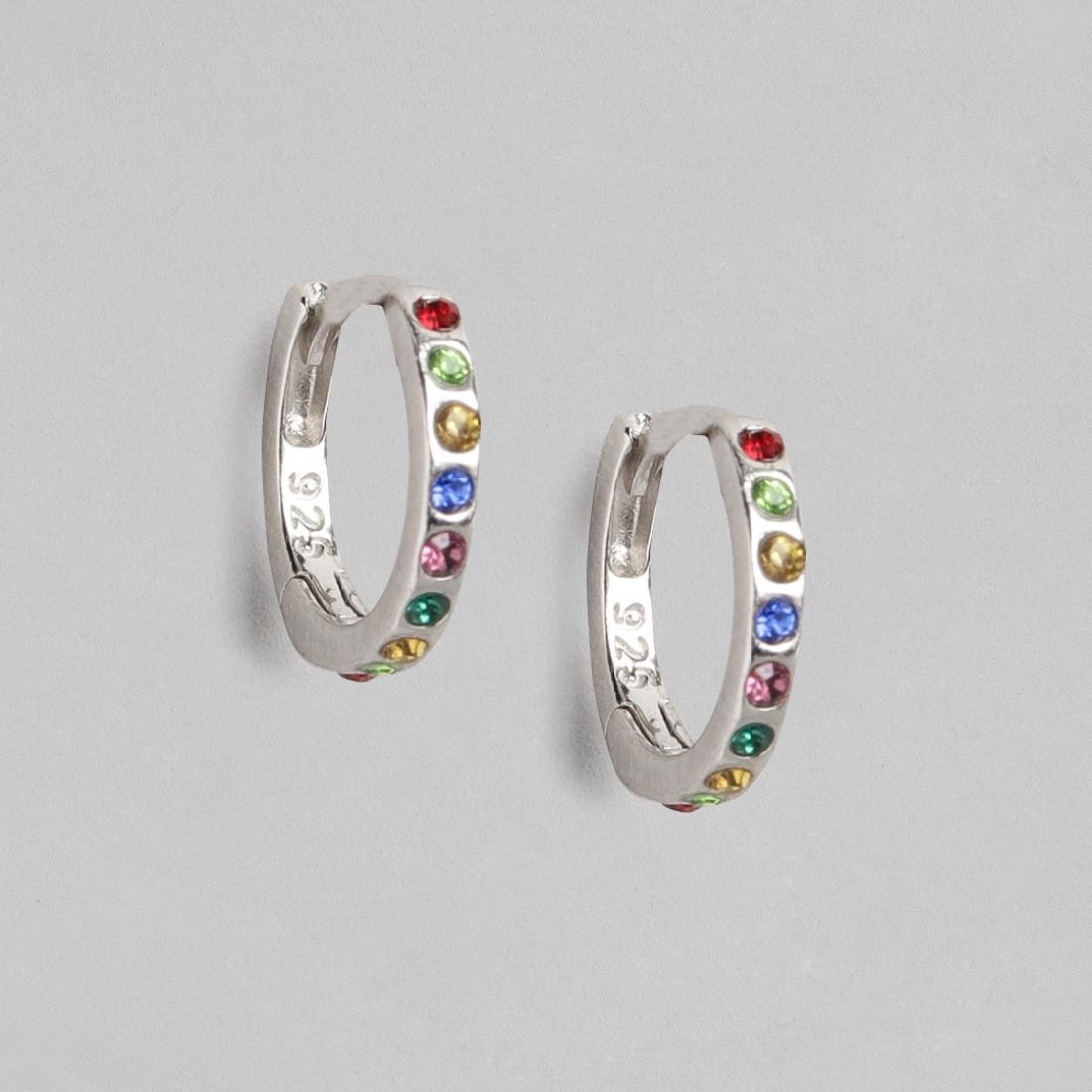 Tiny Rainbow Stone Hoop 925 Silver Earrings