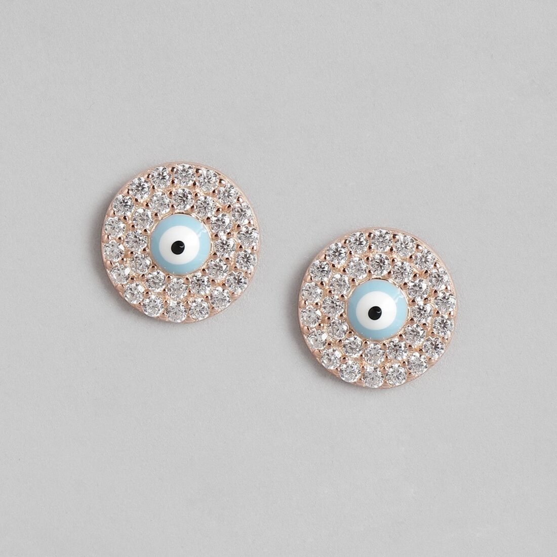 Edgy Evil Eye Cubic Zirconia Studs 925 Silver Earrings in Rose Gold