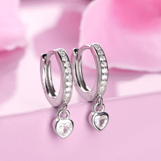 Heart Solitaire Drop Huggie 925 Silver Earrings