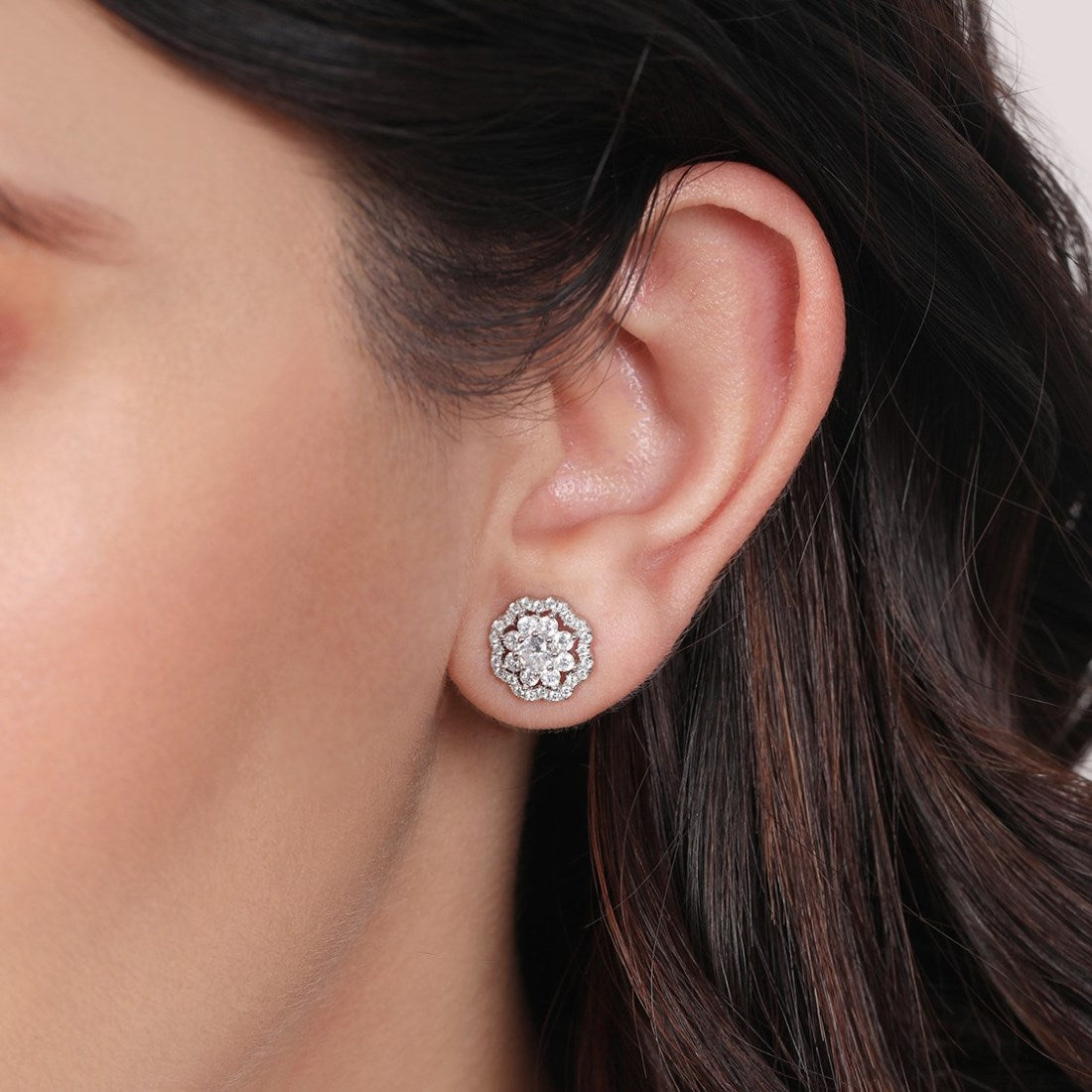 CZ Studded Floral 925 Sterling Silver Stud Earrings