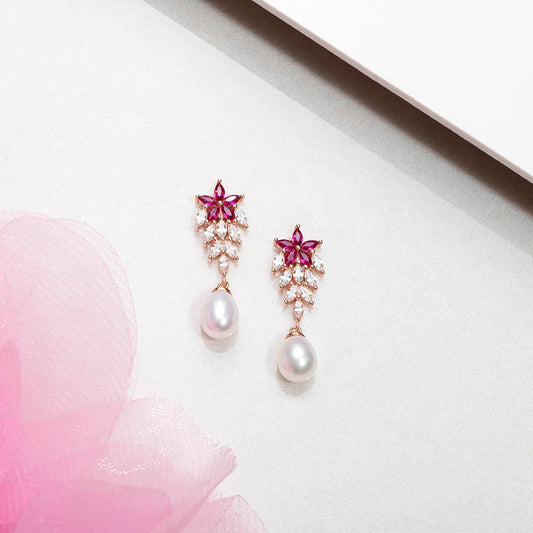 Ruby Pearl Drop 925 Sterling Silver Earrings