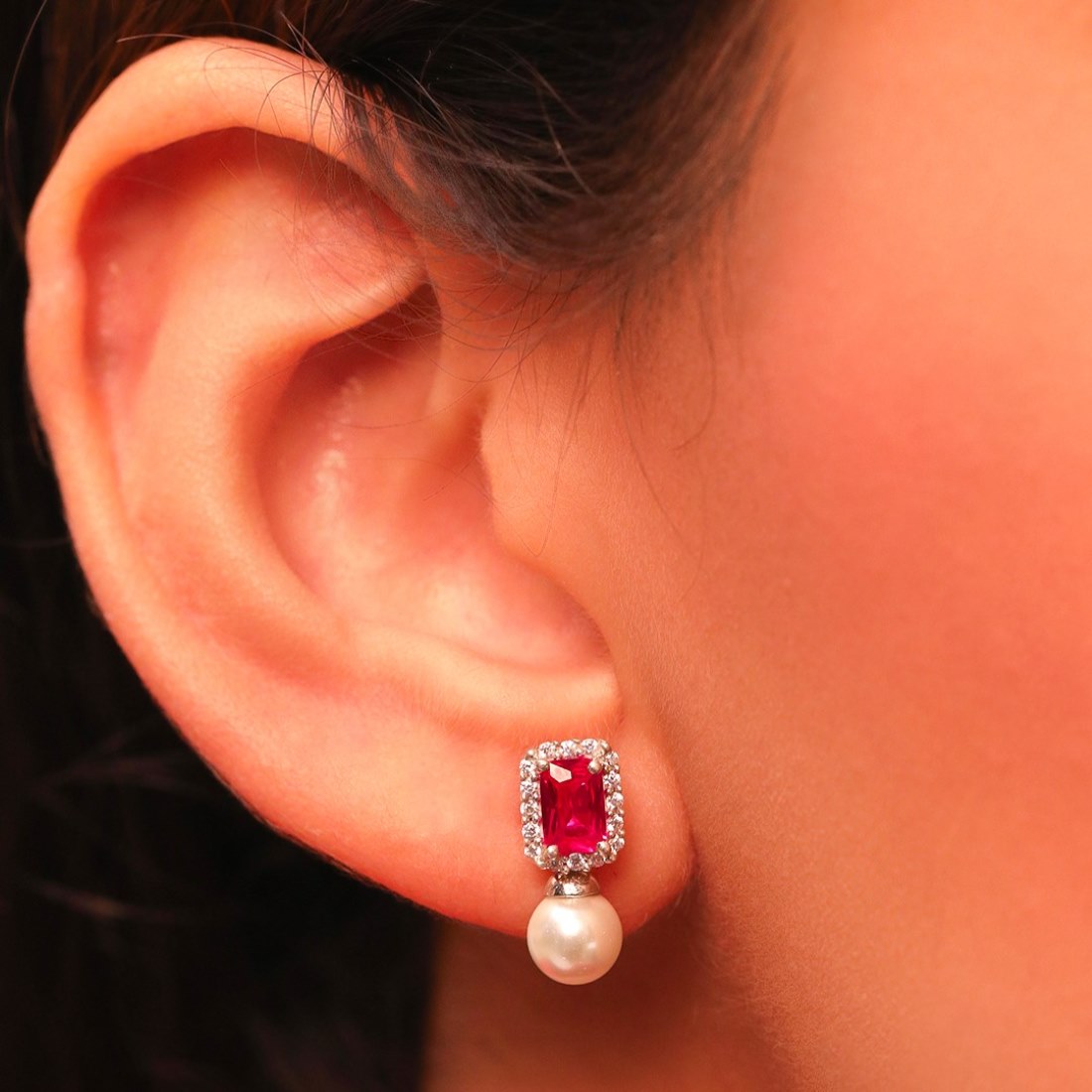 Ruby Pearl 925 Sterling Silver Drop Earrings