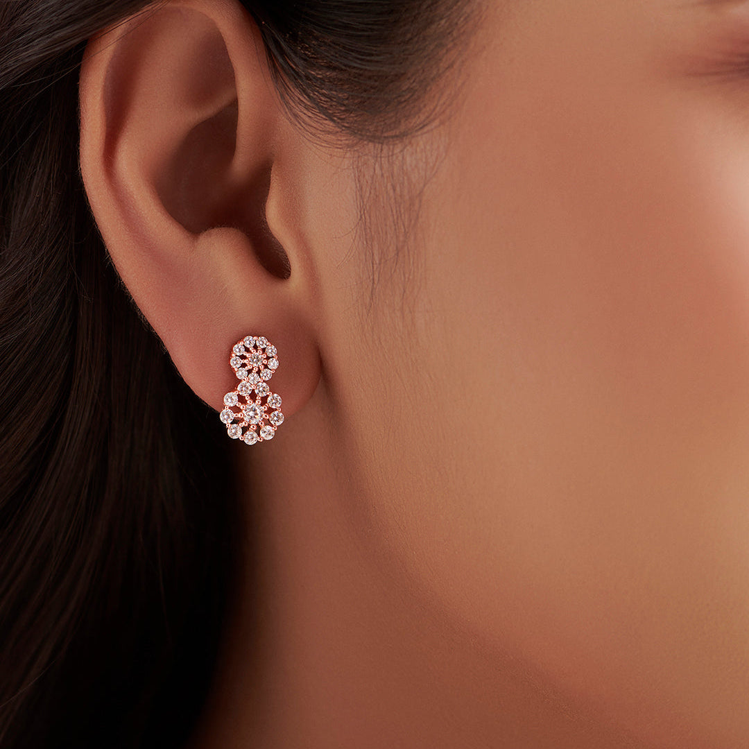 CZ Studded Rose Gold Plated 925 Sterling Silver Cluster Earrings