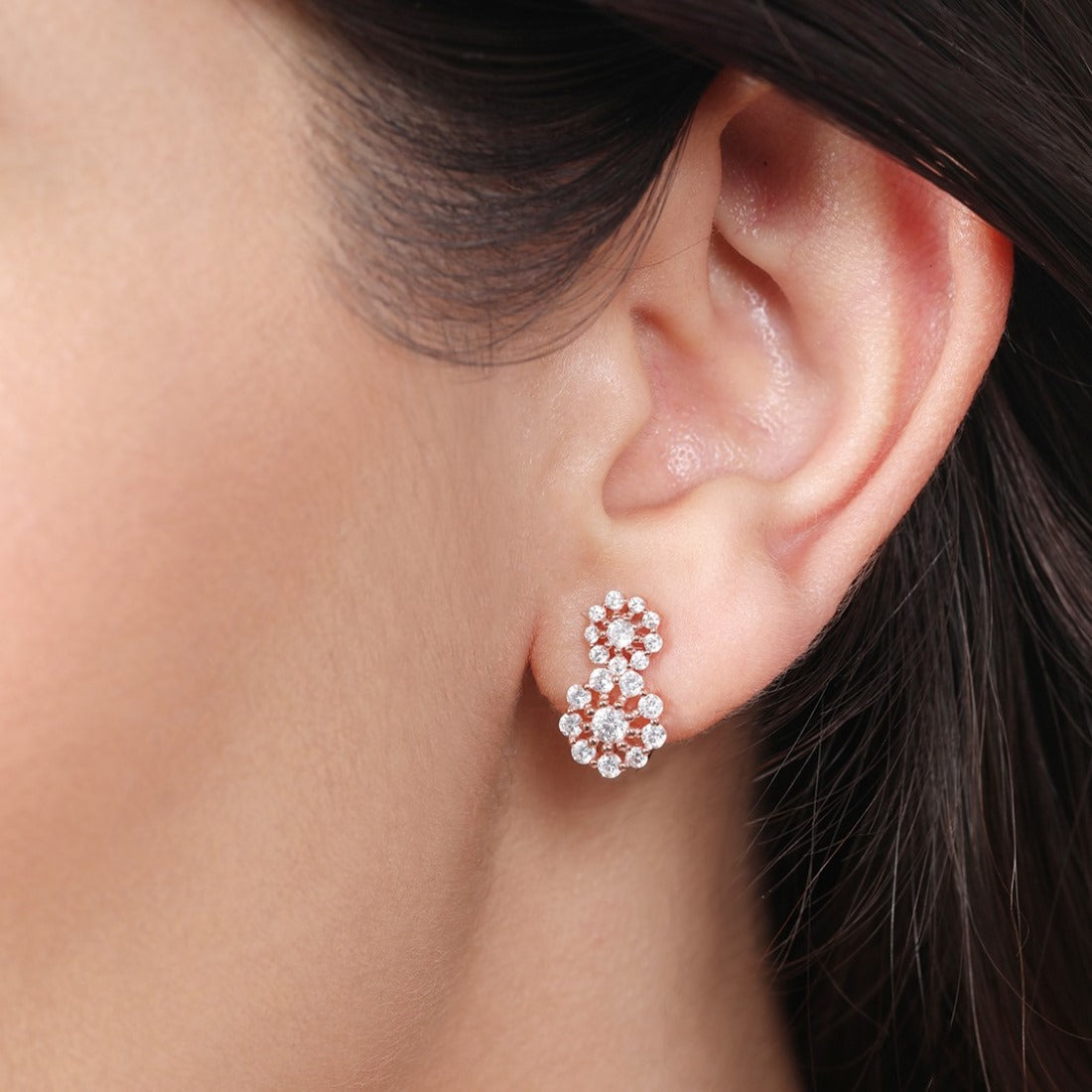 CZ Studded Rose Gold Plated 925 Sterling Silver Cluster Earrings