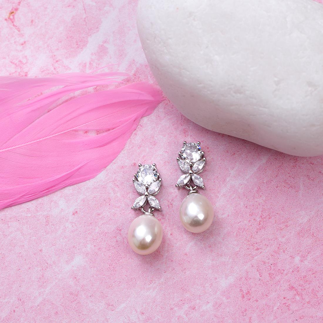 Pearl Drop CZ Floral Rhodium Plated 925 Sterling Silver Earring