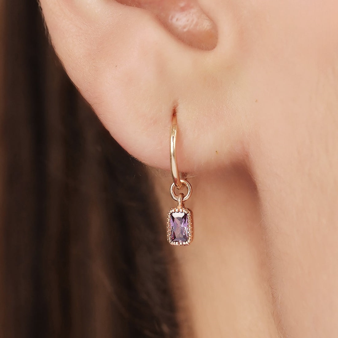 Amethyst Stone Rose Gold Plated 925 Sterling Silver Loop Earring