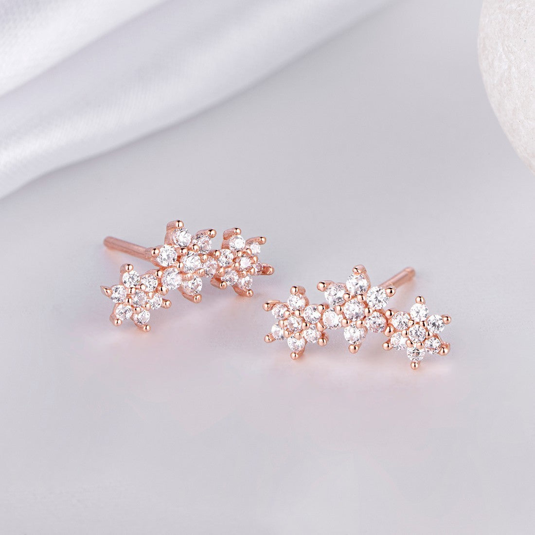 Triple Star CZ Rose Gold Plated 925 Sterling Silver Earrings