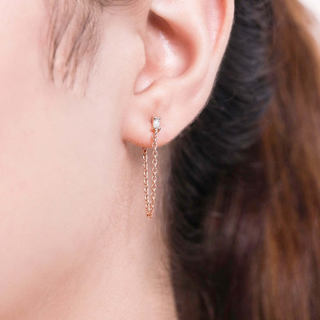 Hanging Chain CZ Rose Gold Plated 925 Sterling Silver Earrings