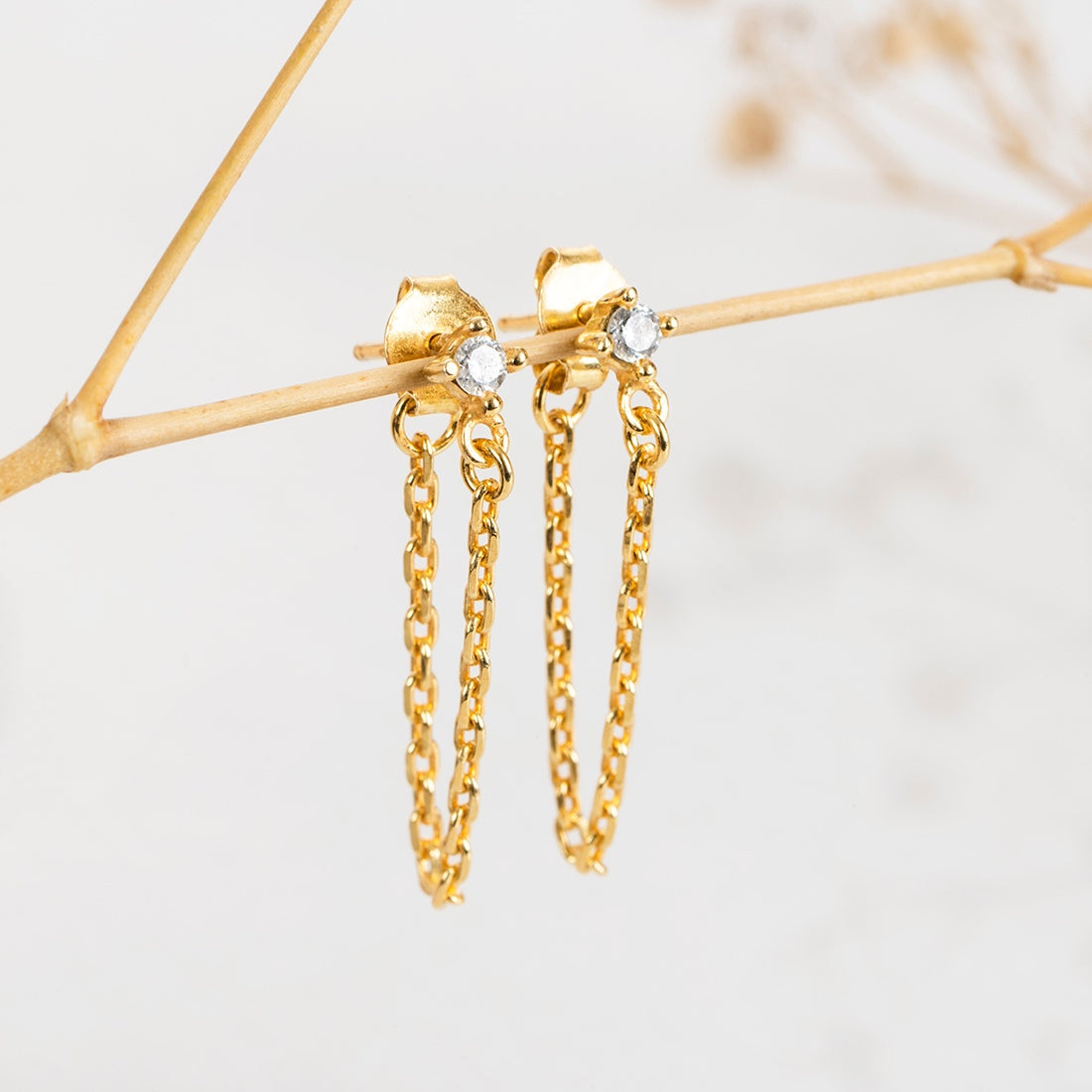 Hanging Chain With CZ Gold Plated 925 Sterling Silver Earrings
