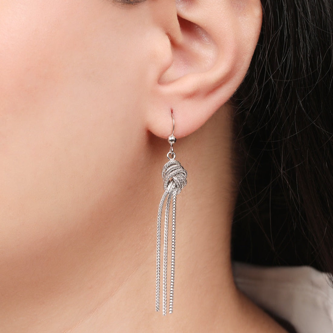 Rhodium Plated Tied Chain 925 Sterling Silver Dangle Earrings