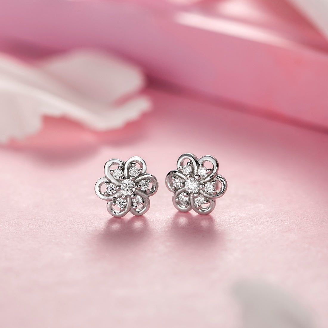 Floral CZ Studded Rhodium Plated 925 Sterling Silver Stud