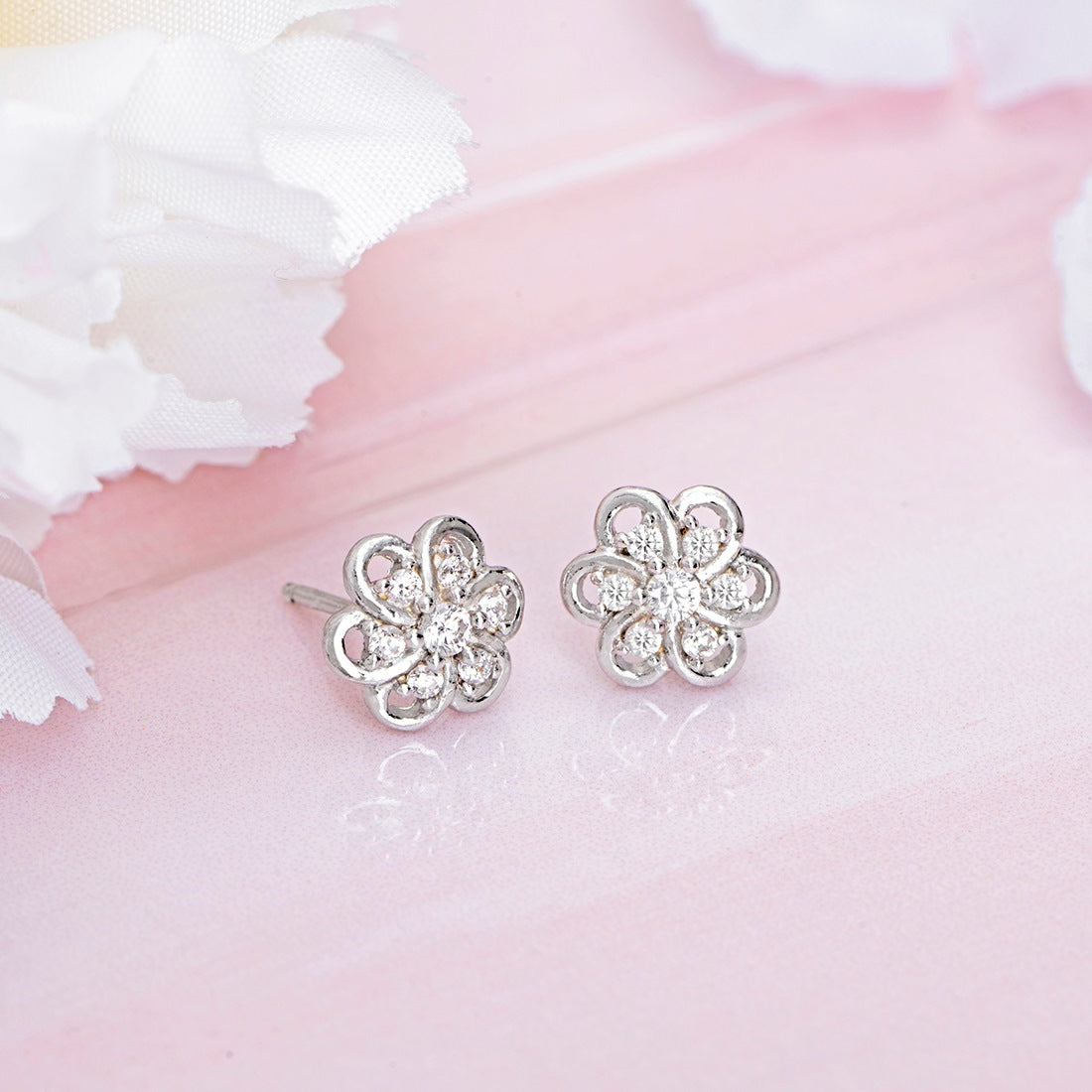 Floral CZ Studded Rhodium Plated 925 Sterling Silver Stud