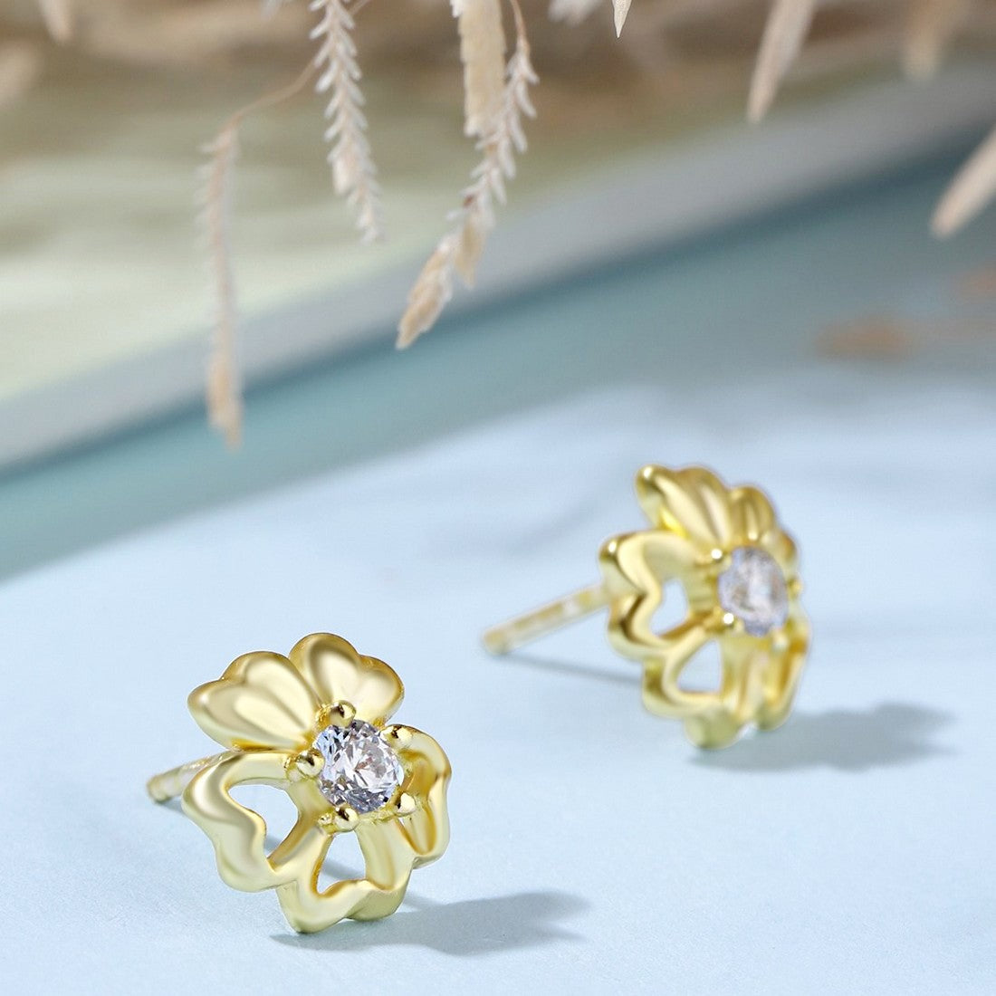 Floral Solitaire Gold Plated 925 Sterling Silver Studs